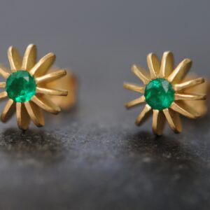 Emerald Stud Earrings In 18k Gold, Christmas Gift For Her, Sea Urchin Stud Earrings