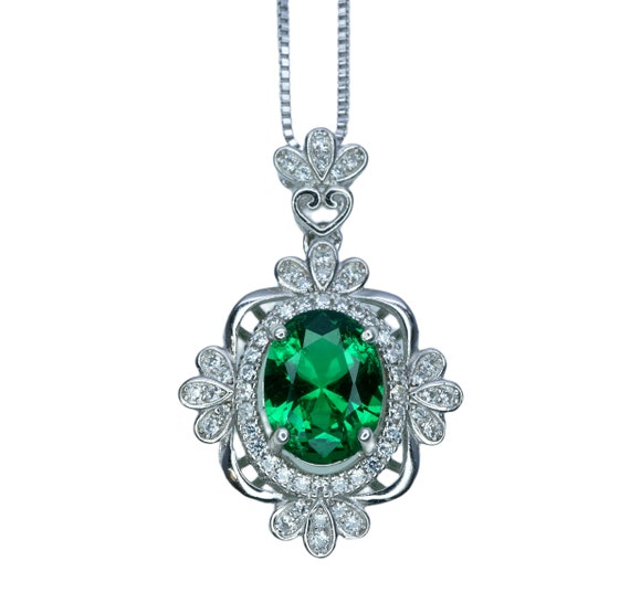 Luxury Emerald Necklace, Gemstone Flower - 18kgp @ Sterling Silver - Victoria Style Green Emerald Pendant - May Birthstone #625