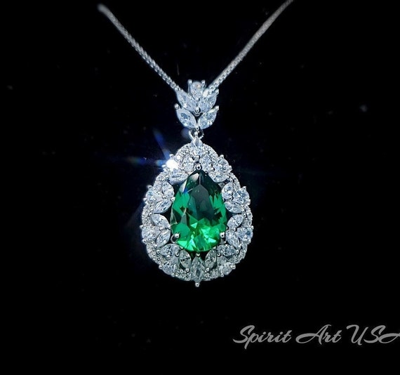 Emerald Necklace - Wheat Style -teardrop Pear Cut - 18kgp Sterling Silver - 3 Ct Green Emerald Pendant - Gemstone Flower May Birthstone #891