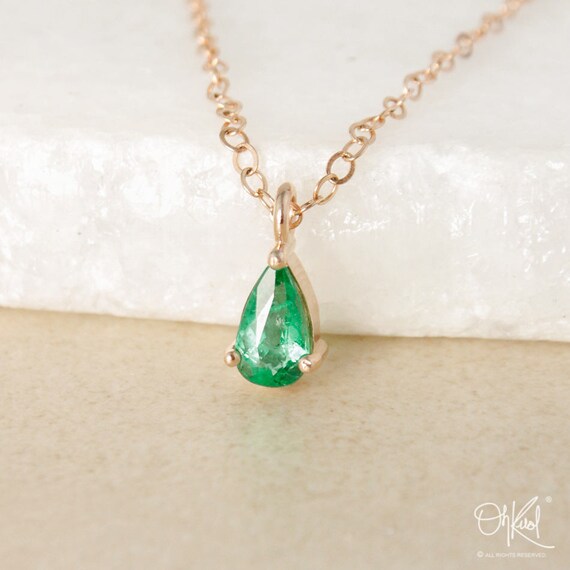 Yellow Gold Pear Cut Green Emerald Necklaces, Natural Emerald May Birthstone Necklace, Dainty Emerald Heart Chakra Pendant