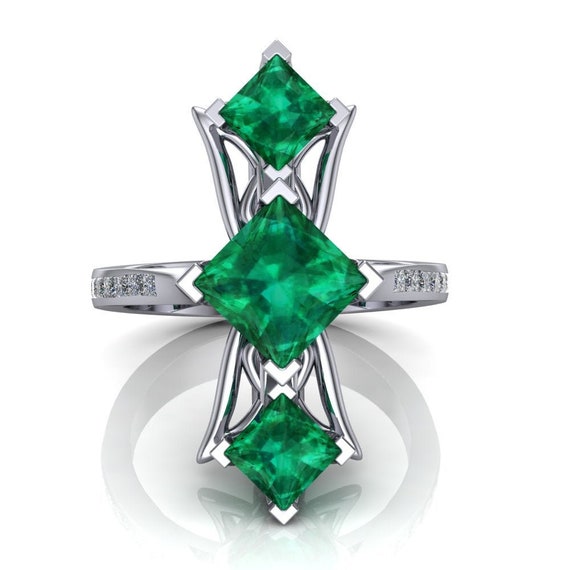 Emerald Ring In Platinum Or 14k Gold With Diamonds | Elven Three Stone Statement Ring | "arwen"