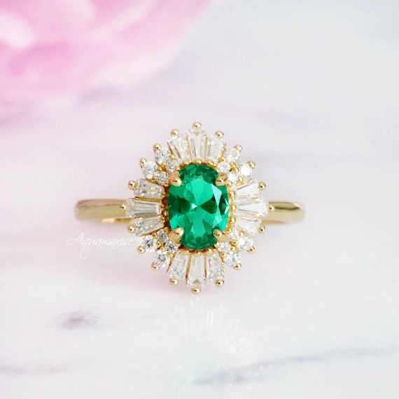 Victoria Emerald Ring- 14k Gold Vermeil Ring- Art Deco Emerald Engagement Ring- Promise Ring- May Birthstone- Anniversary Gift For Her