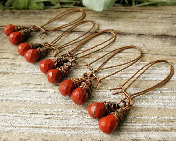 Faceted Red Jasper Earrings, Kidney Earwires, Oxidized Copper, One Pair, Ready To Ship, Please Read Item Details