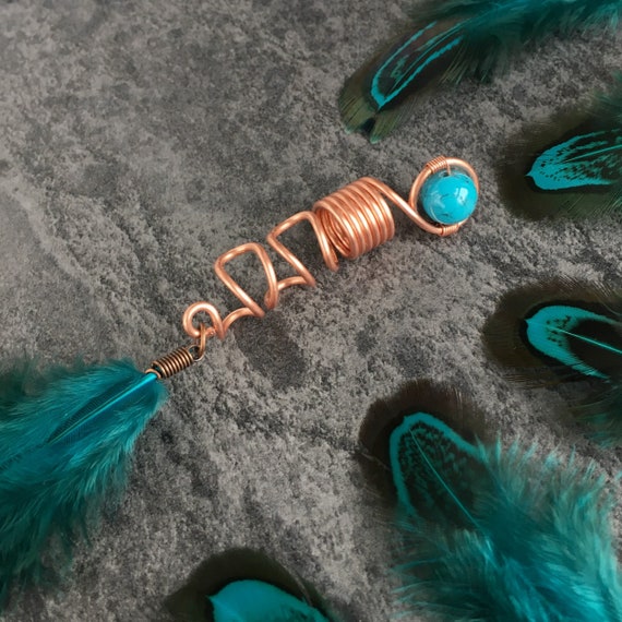 Turquoise Feather Hair Bead: Copper Braid Jewelry