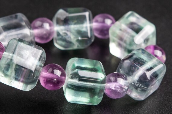 8mm Fluorite Beads Beveled Edge Faceted Cube Purple & Green Bracelet Grade Aaa Genuine Natural Gemstone 7.5" (117818h-3976)
