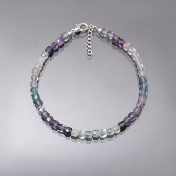 Fluorite Beaded Bracelet, 4.5mm Fluorite Faceted Cube Beads Bracelet , Natural Fluorite Gemstone Jewelry, Birthday Wear- Christmas Gift
