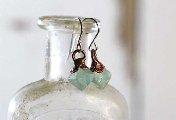 Raw Fluorite Earrings - Crystal Dangles Earrings - Blue Fluorite Jewelry
