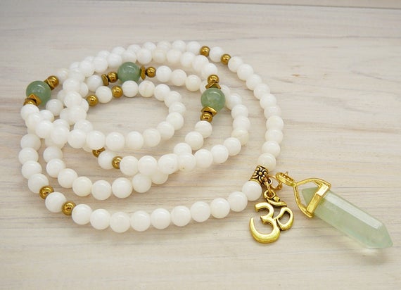 108 Mala Necklace Green Fluorite Pendant Long White Necklace For Women Necklace Meditation Bead Necklace Buddhist Mala Beads Reiki Jewelry