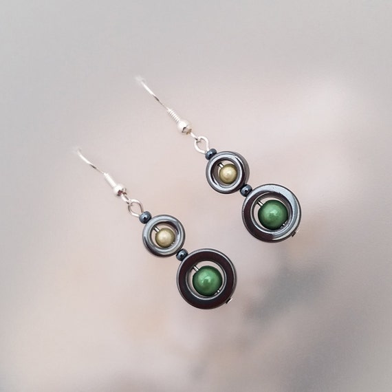 Forest Green Hematite Earrings - Green Jewellery - Hematite Donut Earrings - Illusion Bead - Made In Cornwall - Cornish Jewellery