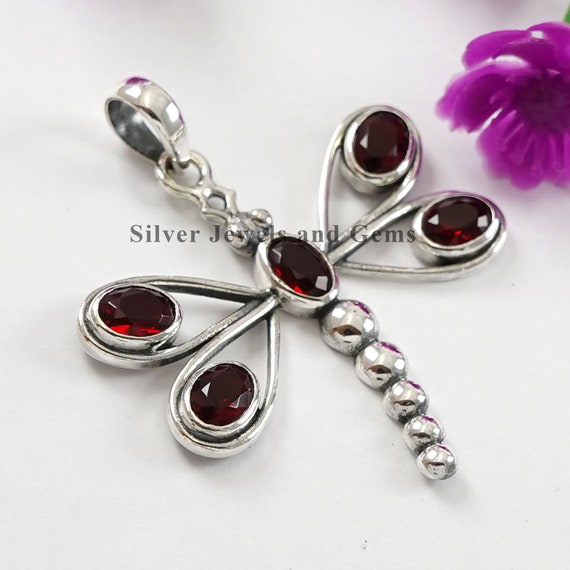 Dragonfly Pendant, Garnet Pendant, 925 Sterling Silver Pendant, Designer Pendant, Gift For Her, Birthstone Pendant , Handmade Pendant