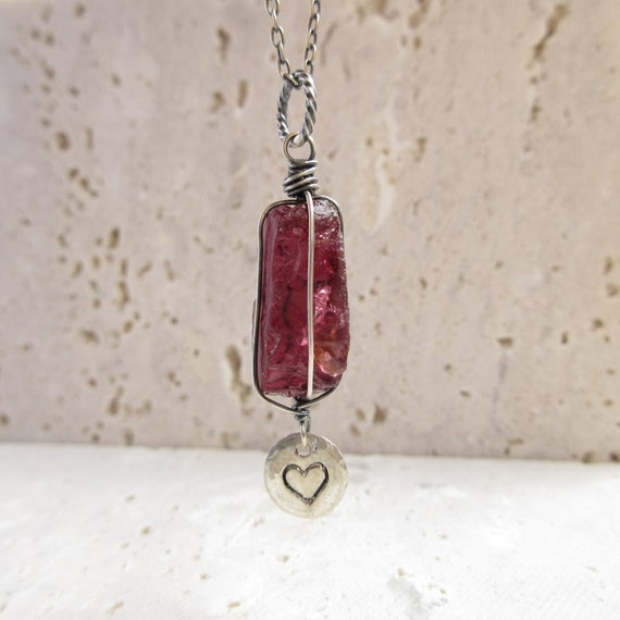 Raw Garnet Pendant Heart Charm Necklace, January Birthstone, Gift For Her