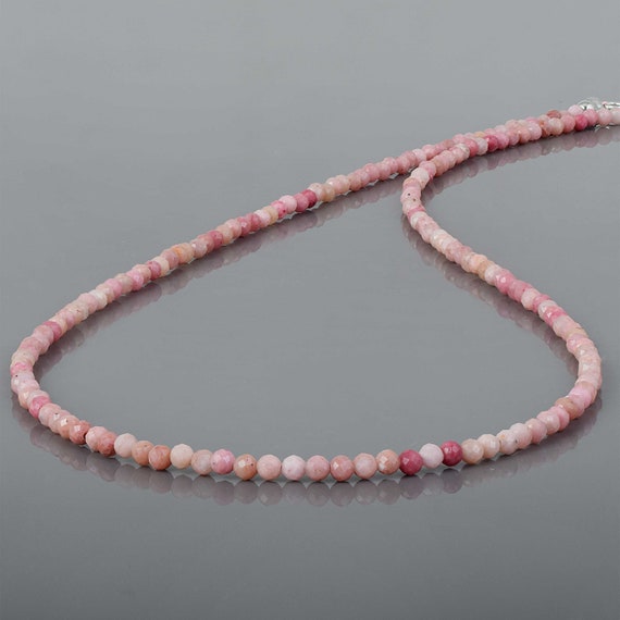 Natural Rhodonite Necklace,micro Faceted Round Rhodonite Gemstone,925 Silver 18" Chain Beaded Pink Stone,healing Crystal Beads Jewelry Gift