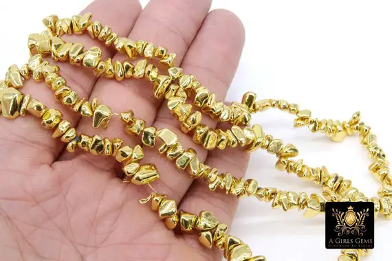Gold Hematite Beads, Shimmery Polished Nugget Chip Non Magnetic Beads Bs #196, Sizes 4~ 11 Mm 13.8 Inch Strands