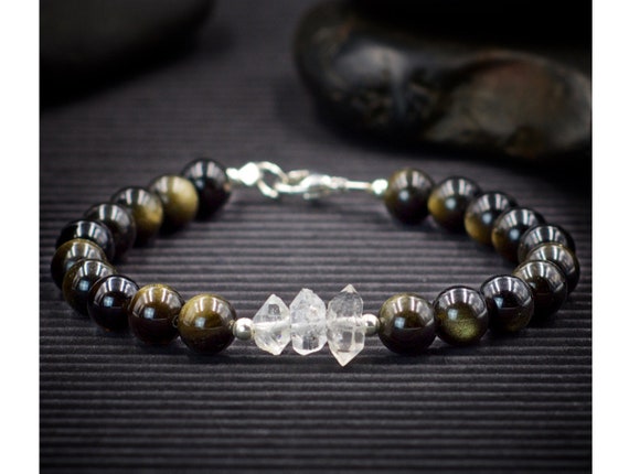Gold Sheen Obsidian And Herkimer Diamond Bracelet | Healing Crystal Beaded Bracelet | Provides Deep Soul Healing