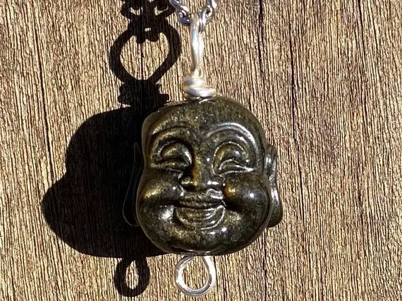 Hand Carved Golden Obsidian Buddha Healing Stone Necklace With Positive Healing Energy!