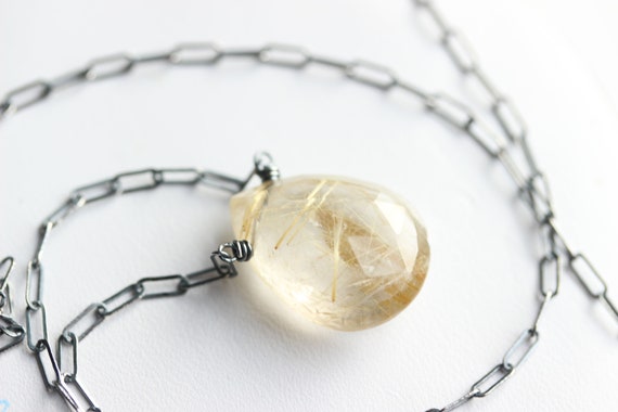 Golden Rutilated Quartz Necklace, Gold Rutile Quartz Pendant, Oxidized Silver Fixed Pendant Necklace, Healing Crystal, Metaphysical Jewelry