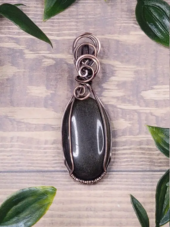 Golden Sheen Black Obsidian Copper Wire Wrapped Crystal Pendant Jewelry Handmade Pendant Gift