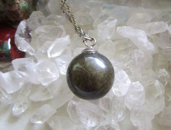 Golden Sheen Black Obsidian Natural Crystal Ball Pendant Necklace