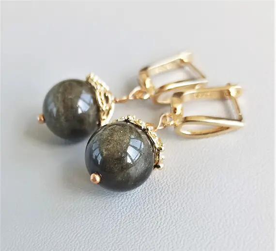 Golden Sheen Obsidian Earrings -  Black Crystal Earrings - Obsidian Gold Earrings Dangle - Gift For Women