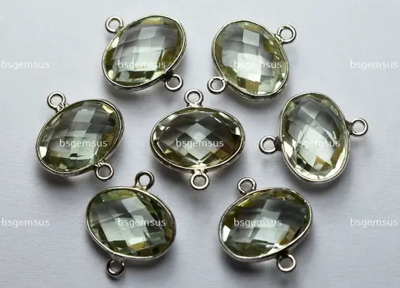 925 Sterling Silver,natural Green Amethyst Faceted Oval Shape Connector,2 Piece Of  17mm App.
