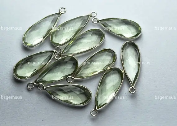 925 Sterling Silver,natural Green Amethyst Faceted Pear Shape Connector,5 Piece Of  23mm App.
