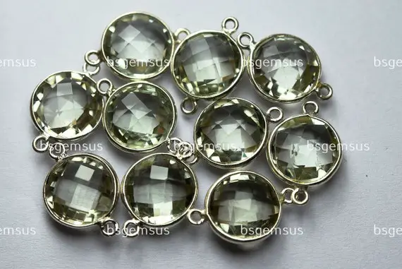 925 Sterling Silver,natural Green Amethyst Faceted Coins Shape Connector,8 Piece Of  17mm App.