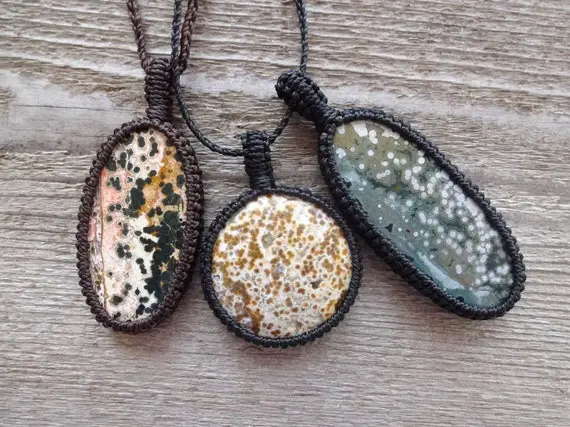 Green Ocean Jasper Pendant Necklace, Stabilizes Aura Stone, Gemstone Pendants, Macrame Stone Pendant Necklace