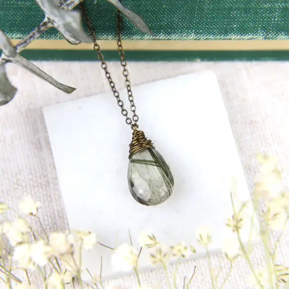 Green Rutilated Quartz Necklace, Bronze Wire Wrapped, Antiqued Gold, Drop Shape Pendant, Pear Gemstone, Faceted Stone, Gift For Her,mum Gift