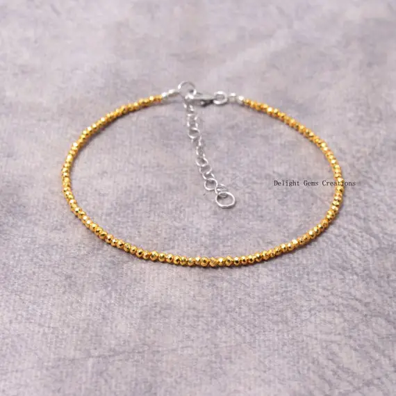 2.25mm Natural Golden Hematite Beaded Bracelet, Micro Faceted Hematite Tiny Bead Bracelet, Round Tiny Gold Hematite Faceted Bracelet 8 Inch