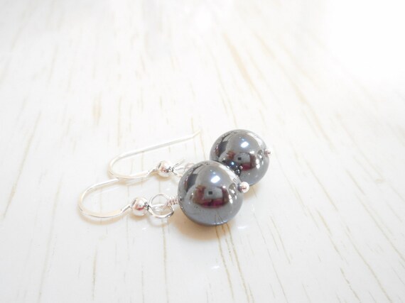 Hematite Earrings, Sterling Silver Genuine Gemstone Jewelry, Gray Stone Beaded Drop Earrings, Hematite Jewelry, Simple Dangle Earrings