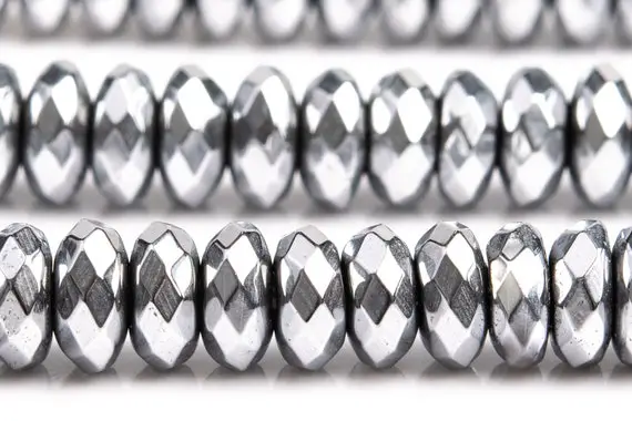 Hematite Gemstone Beads 5-6x3mm Silver Faceted Rondelle Aaa Quality Loose Beads (101676)