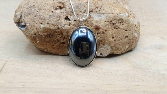 Simple Oval Hematite Pendant. 925 Sterling Silver Necklaces For Women. Reiki Jewelry Uk. Grey Semi Precious Stone. 25x18mm Stone