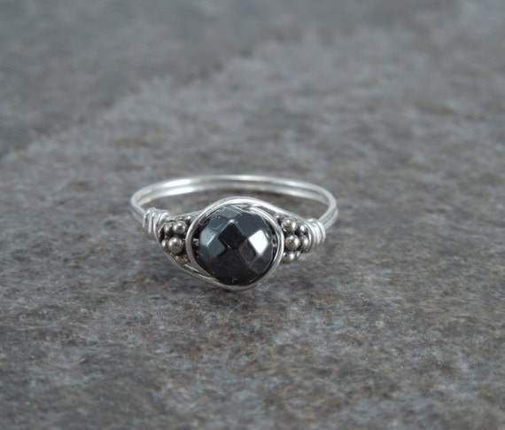 Faceted Hematite Sterling Silver Bali Bead Ring - Any Size