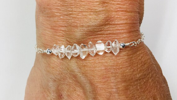 Herkimer Diamond Bracelet, Clear Crystal Bar Bracelet, Sterling Silver Stacking Bracelet, Birthday Gift For Her