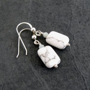 Howlite Earrings in Sterling Silver or 14K Gold Filled, Howlite Dangle Earrings, Natural White Howlite and Amazonite, White Gemstone Jewelry | Natural genuine Howlite earrings. Buy crystal jewelry, handmade handcrafted artisan jewelry for women.  Unique handmade gift ideas. #jewelry #beadedearrings #beadedjewelry #gift #shopping #handmadejewelry #fashion #style #product #earrings #affiliate #ad