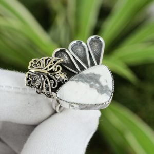 Shop Howlite Rings! Howlite Ring 925 Sterling Silver Ring Adjustable Ring 18K Gold Plated Handmade Gemstone Ring Fashion Ring Gift For Mom Butterfly Ring | Natural genuine Howlite rings, simple unique handcrafted gemstone rings. #rings #jewelry #shopping #gift #handmade #fashion #style #affiliate #ad