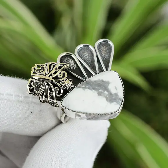 Howlite Ring 925 Sterling Silver Ring Adjustable Ring 18k Gold Plated Handmade Gemstone Ring Fashion Ring Gift For Mom Butterfly Ring