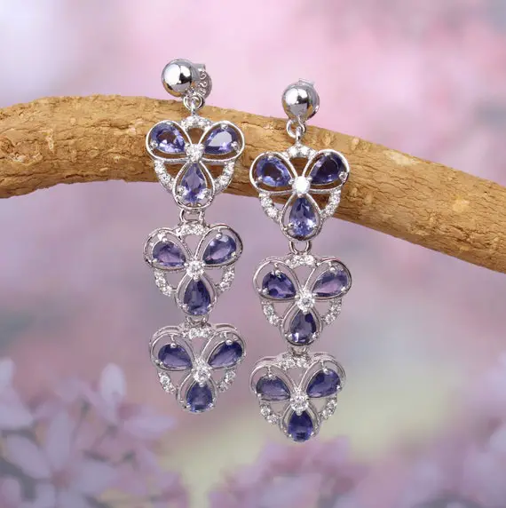 Iolite Long Flower Earrings, Blue Flower Dangle Earrings,multi Stone Silver Cluster Earrings,bridal Earrings, Wedding Earrings, Prom Jewelry