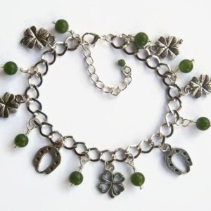 Shamrock Charm Bracelet, St. Patricks Day Jewelry, Green Jade Bracelet, Lucky Charm, Irish, Silver, Horseshoe, 4 Leaf Clover, READY To SHIP | Natural genuine Array jewelry. Buy crystal jewelry, handmade handcrafted artisan jewelry for women.  Unique handmade gift ideas. #jewelry #beadedjewelry #beadedjewelry #gift #shopping #handmadejewelry #fashion #style #product #jewelry #affiliate #ad