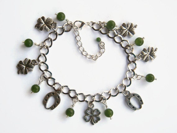 Shamrock Charm Bracelet, St. Patricks Day Jewelry, Green Jade Bracelet, Lucky Charm, Irish, Silver, Horseshoe, 4 Leaf Clover, Ready To Ship