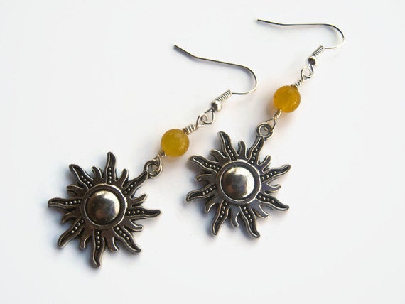 Yellow Sun Earrings, Jade Sunshine Earrings, Fiery Earrings, Boho Earrings, Nature Earrings, Sunburst Earrings, Antiqued Silver