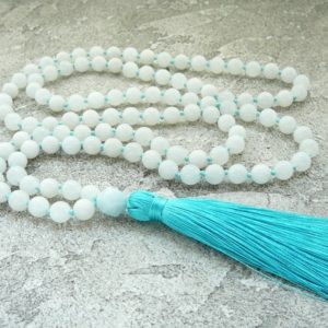 Shop Jade Necklaces! White Jade Mala Necklace, Hand Knotted Blue Tassel Necklace for Women Gift, Blue White Yoga Meditation Necklace, 108 Mala Bead Necklaces | Natural genuine Jade necklaces. Buy crystal jewelry, handmade handcrafted artisan jewelry for women.  Unique handmade gift ideas. #jewelry #beadednecklaces #beadedjewelry #gift #shopping #handmadejewelry #fashion #style #product #necklaces #affiliate #ad