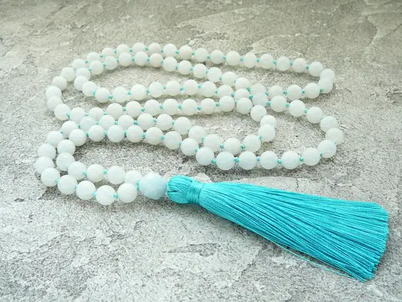 White Jade Mala Necklace, Hand Knotted Blue Tassel Necklace For Women Gift, Blue White Yoga Meditation Necklace, 108 Mala Bead Necklaces