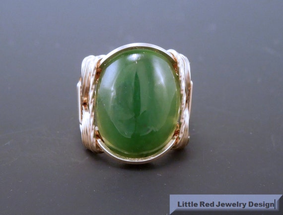14 K Gold Filled Nephrite Jade Cabochon Wire Wrapped Ring