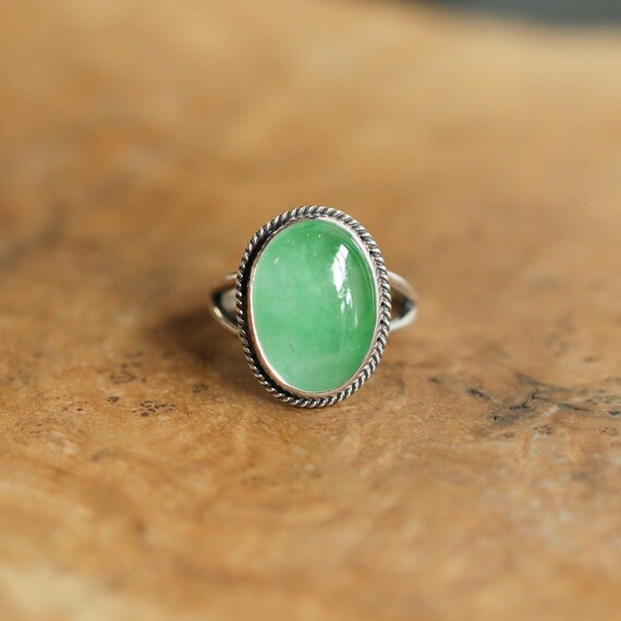 Green Jade Boho Ring - Natural Burma Jade - .925 Sterling Silver - Boho Style Ring