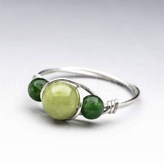Green Connemara Marble From Ireland & Canadian Jade Sterling Silver Wire Wrapped Gemstone Bead Ring - Made To Order, Ships Fast!