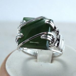 Shop Jade Rings! Handcrafted Sterling Silver Wire Nephrite Jade Square Cabochon Ring | Natural genuine Jade rings, simple unique handcrafted gemstone rings. #rings #jewelry #shopping #gift #handmade #fashion #style #affiliate #ad