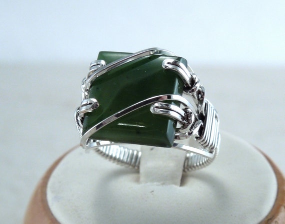 Handcrafted Sterling Silver Wire Nephrite Jade Square Cabochon Ring