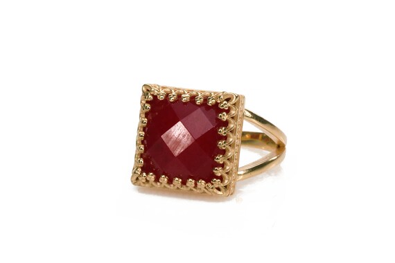 Pink Rose Gold Ring · Jade Ring · Square Ring · Gemstone Ring · Feminine Ring · Double Band Ring · Vintage Ring
