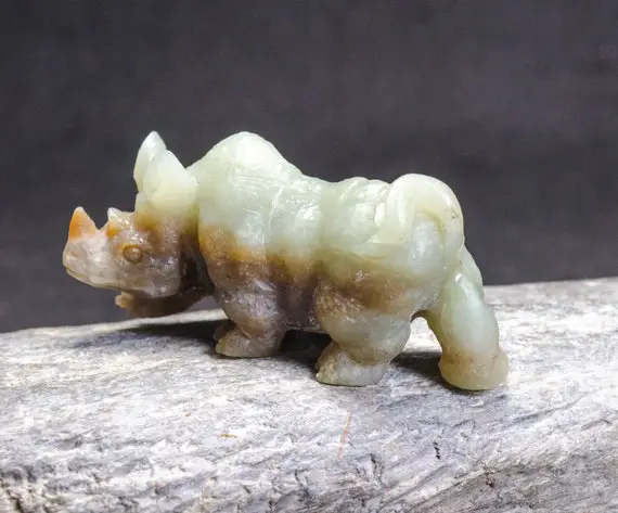 Green Jade Carved Animal Statue,rhinoceros Carving,jade Sculpture,jade Rhinoceros Figurine,natural Jade,66*30*22mm 52g
